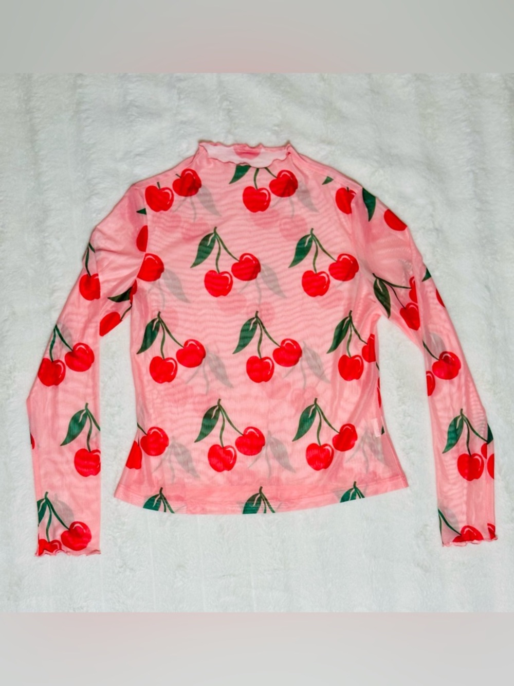 Pink Cherry Print Long Sleeve Mesh Top